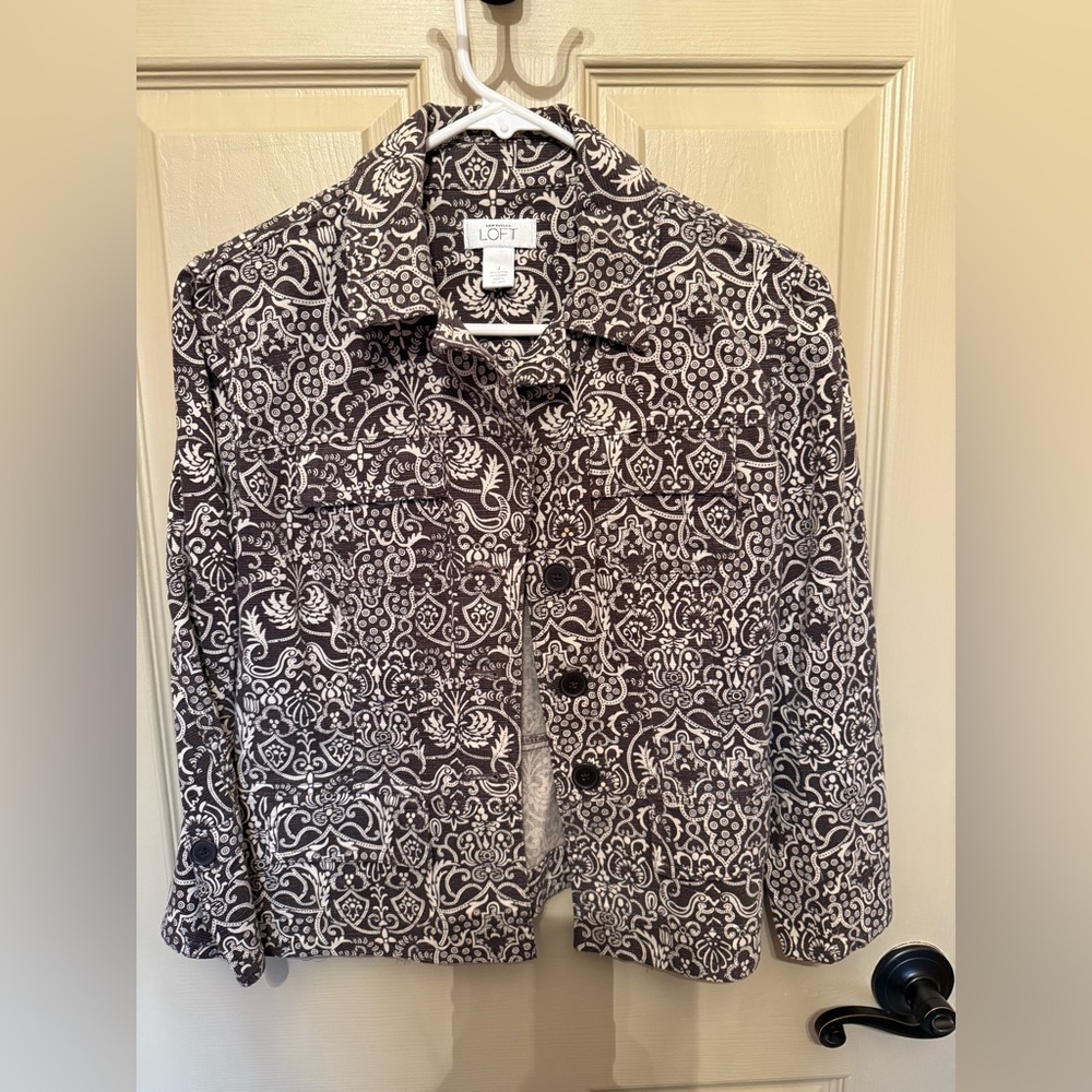 LOFT Intricate Black and White Jean Jacket